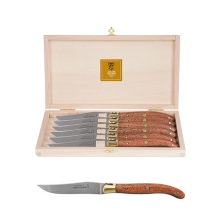 Wood box of 6 Laguiole knives brass bolster