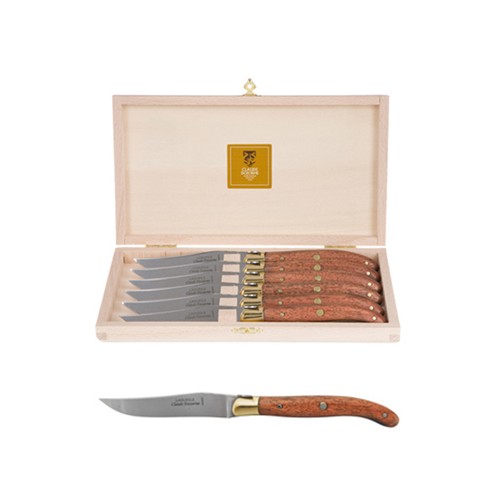 Wood box of 6 Laguiole knives brass bolster