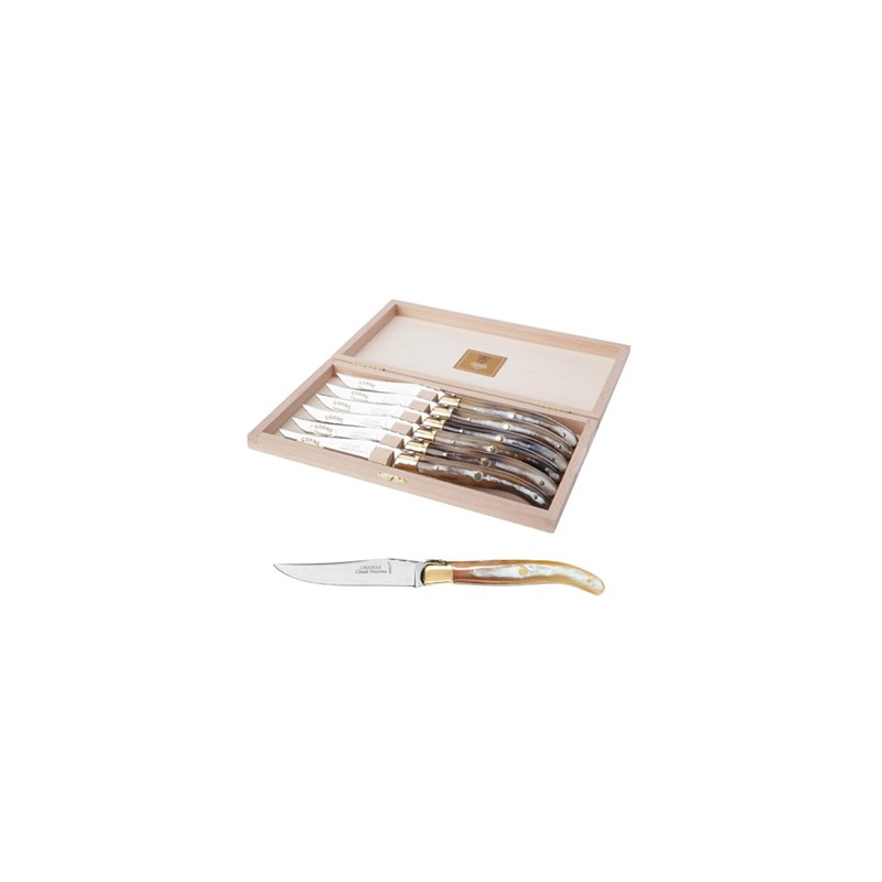 Coffret hêtre 6 couteaux super Laguiole mitre laiton