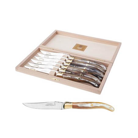 Wood box of 6 Laguiole knives brass bolster Wood box of 6 Laguiole knives brass bolster