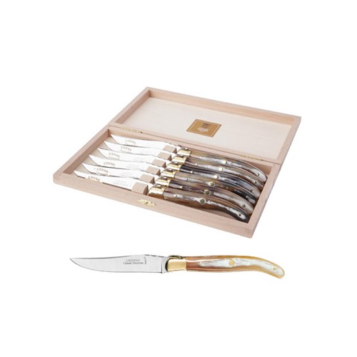 Wood box of 6 Laguiole knives brass bolster