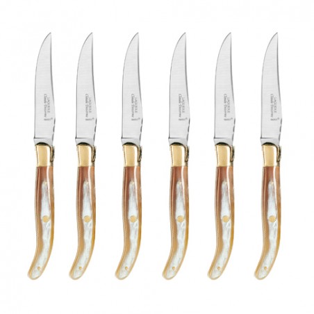 Wood box of 6 Laguiole knives brass bolster